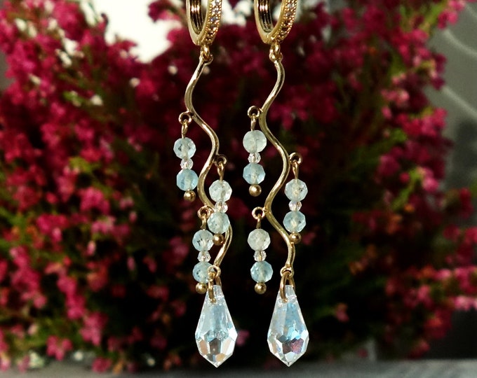 Natural aquamarine earrings with Swarovski crystals, blue stone earring, genuine blue aquamarine earrings, Earrings Chandelier
