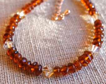 Hessonite Bracelet, Garnet Bracelet, Gemstone bracelet with Swarovski, hessonite jewelry, Mandarin Garnet Bracelet, Bohemian bracelet