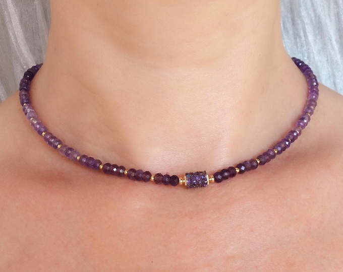 Amethyst necklace with SWAROVSKI Crystal, Amethyst Delicate Beaded Necklace, Amethyst faceted beads, Minimalist amethyst jewelry