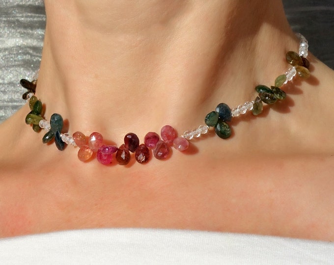 Multi Color Tourmaline and clear quartz choker with Sterling Silver, Pink green Tourmaline, Rainbow Tourmaline necklace with sterling silver