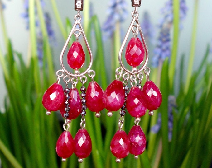 Natural sillimanite earrings sterling silver, red stone earring, Sterling silver earrings, genuine sillimanite earrings, Earrings Chandelier