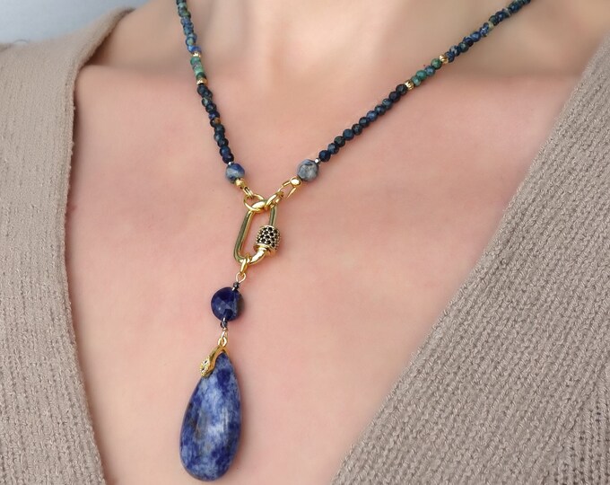 Azurite necklace with sodalite pendant, Blue azurite jewelry, blue necklace, genuine azurite necklace, sodalite necklace