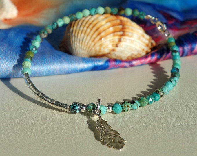 Turquoise bracelet with sterling silver, Turquoise Delicate Beaded Bracelet, Minimalist turquoise bracelet with Silver feather pendant