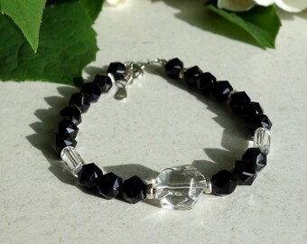 Black Spinel and Clear Quartz bracelet with Sterling silver, Genuine Black Spinel bracelet, clear quartz bracelet, elegant bracelet