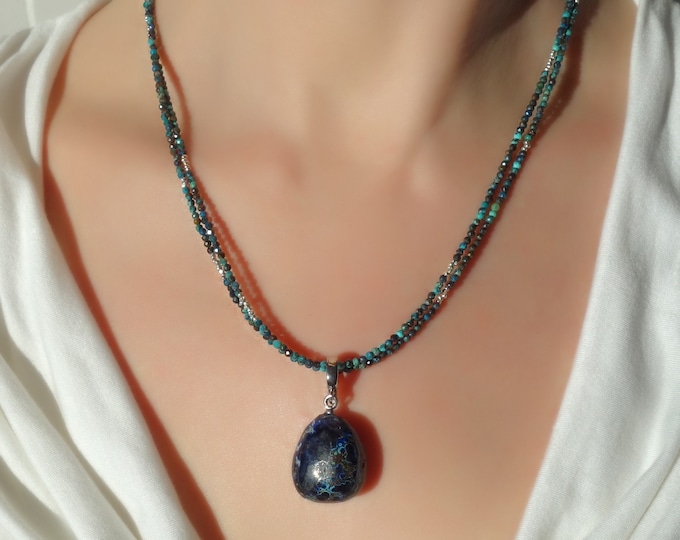 Chrysocolla necklace with Azurite Malachite Pendant, Genuine chrysocolla necklace, bohemian necklace, chrysocolla jewelry, azurite pendant