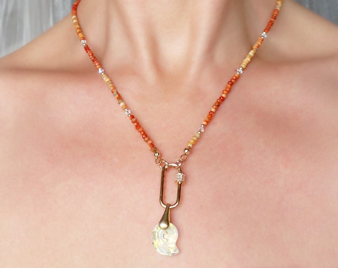 Coral necklace with Swarovski pendant, Orange coral jewelry, Orange necklace, genuine coral necklace, natural coral necklace, coral stone