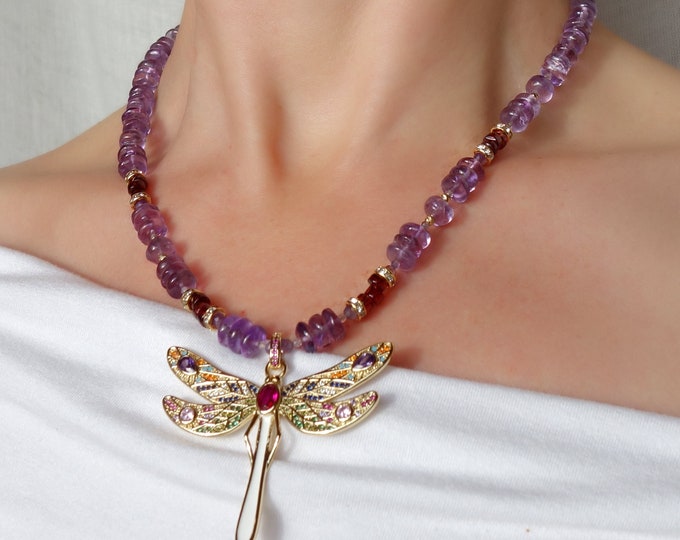 Amethyst and garnet necklace with dragonfly pendant, Amethyst Delicate Beaded Necklace, Amethyst necklace, garnet necklace boho necklace