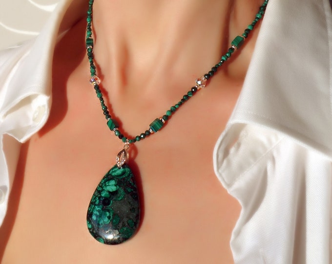 Natural Malachite necklace with Malachite pendant, Swarovski crystals and Sterling silver, genuine Malachite necklace, Malachite pendant