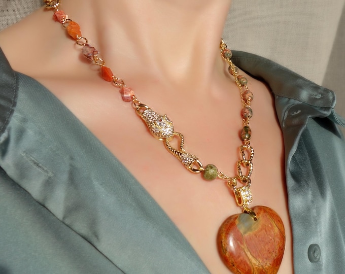 Mexican fire opal and unakite necklace with jasper heart pendant, Natural Mexican opal necklace, Snake necklace, picasso jasper pendant