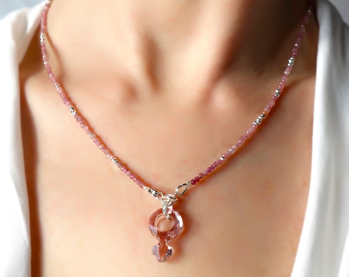 pink tourmaline necklace with Swarovski pendant, Venus Pendant, rubellite necklace, genuine tourmaline necklace, faceted tourmaline