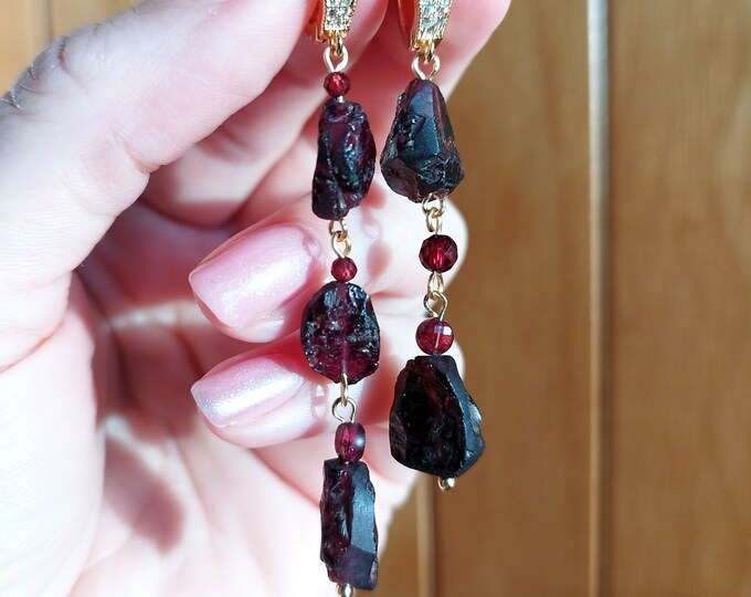 Raw Garnet Earrings, long chain earrings, Earrings with garnet stones, genuine garnet earrings, gemstone earrings, large chain earrings