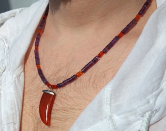 Amethyst and carnelien necklace with carnelian pendant, Amethyst Necklace, tusk pendant, Amethyst Necklace for men, Mens Necklace with stone