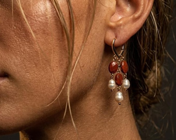 Red Jasper Pearl Earrings, Gold Leverback Dangle Earrings, Freshwater Pearl Jasper Jewelry