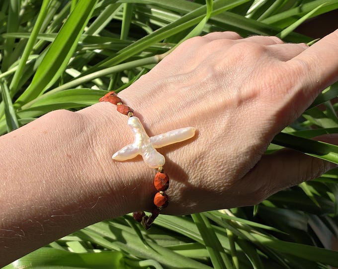 Red Jasper Cross Bracelet, Freshwater Pearl Cross Charm, Natural Gemstone Beaded Bracelet, Handmade Faith Jewelry Gift