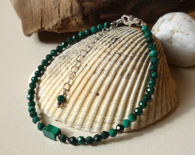 Faceted Malachite Bracelet – Natural Green Gemstone Beads , Genuine malachite bracelet, Natural Malachite bracelet, malachite bead