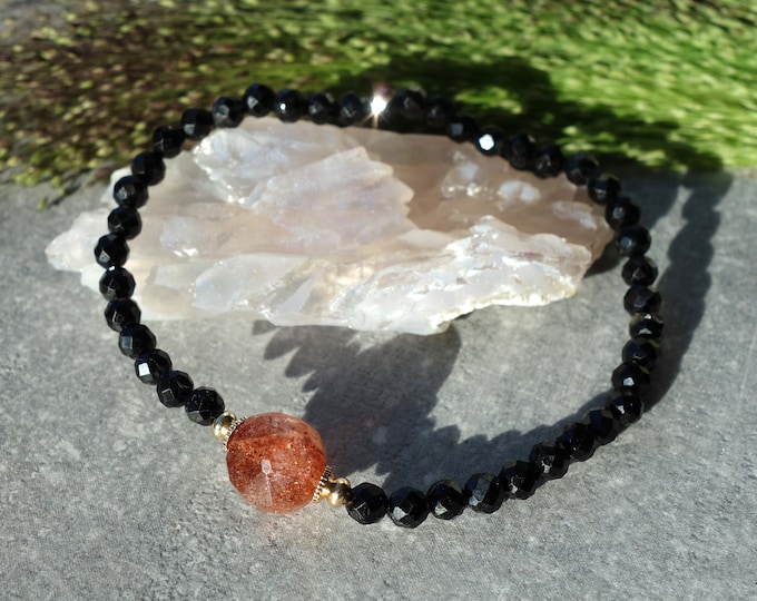 Black Spinel and Sunstone bracelet, Black spinel bracelet, Sunstone bracelet, Black Spinel Stretch Bracelet, Elastic Stacking Bracelet