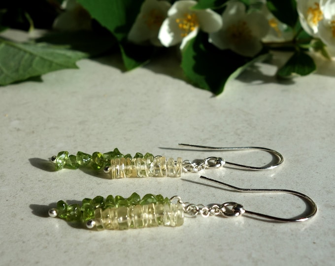 Citrine and peridot (chrysolite) handmade earrings with 925 sterling silver, long chain earrings, genuine peridot earrings, citrine earrings
