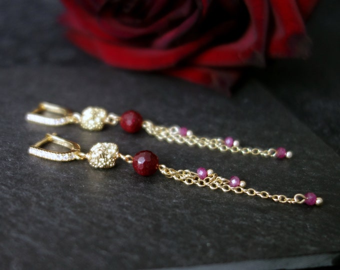 Natural ruby earrings with gold plated over silver, genuine ruby earrings, red ruby earrings, gold ruby earrings, ruby dangle earrings