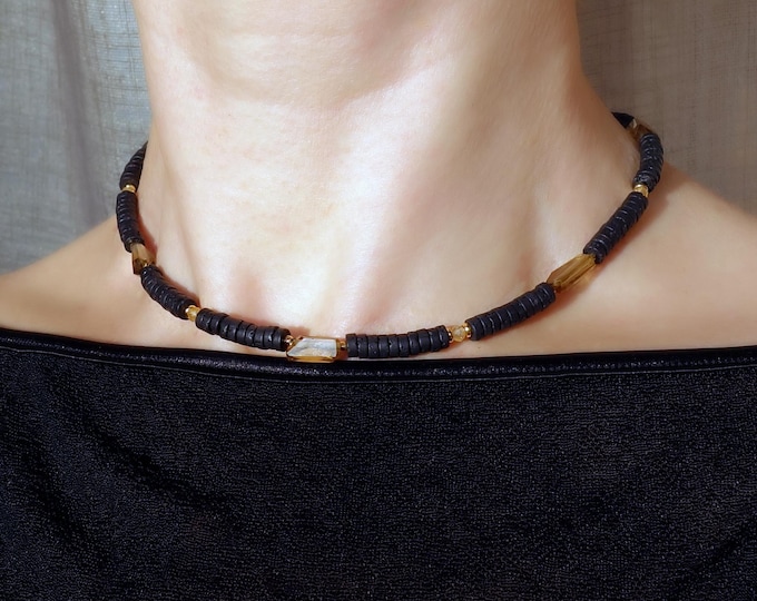 Black Lava Beads Necklace with Citrine & Yellow Tourmaline · 36 cm, Black and Yellow choker