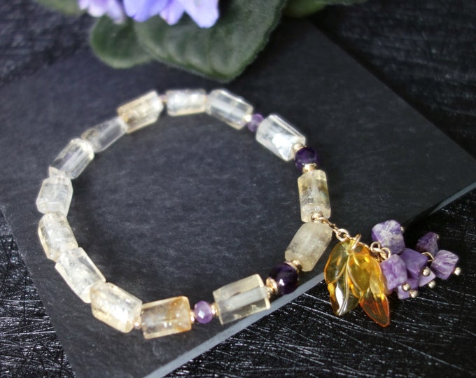 Amethyst and Citrine Bracelet with charoite pendant, Amethyst Bracelet Jewelry gift, Gemstone bracelet with amethyst and citrine