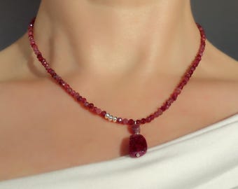 Natural Ruby necklace with sterling silver, ruby tiny necklace, genuine ruby choker, ruby pendant, real ruby necklace