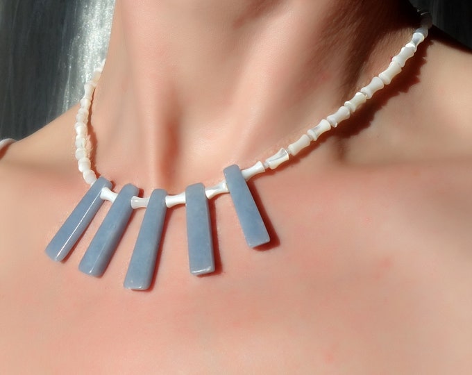 Angelite necklace, Necklace with Mother-of-pearl Shell and angelite, blue and white necklace, Handcrafted Shell and angelite necklace