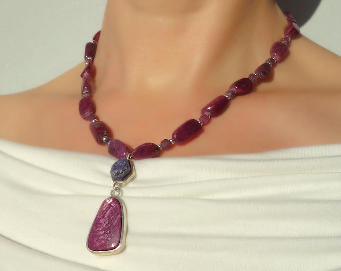 Cat's Eye Flash Ruby and Sapphire necklace with sterling silver, genuine ruby necklace, Sapphire necklace, ruby pendant, real ruby necklace