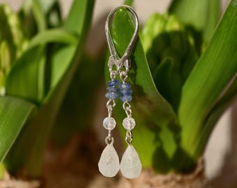 Moonstone and Kyanite Earrings, Rainbow Moonstone Drop Shape Carving Earrings