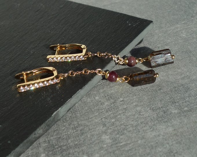 Dainty Multi-Color Tourmaline Earrings with Gold Plated CZ Huggies - Natural Gemstone Drop Earrings, Brown & Pink Tourmaline Dangle Earrings
