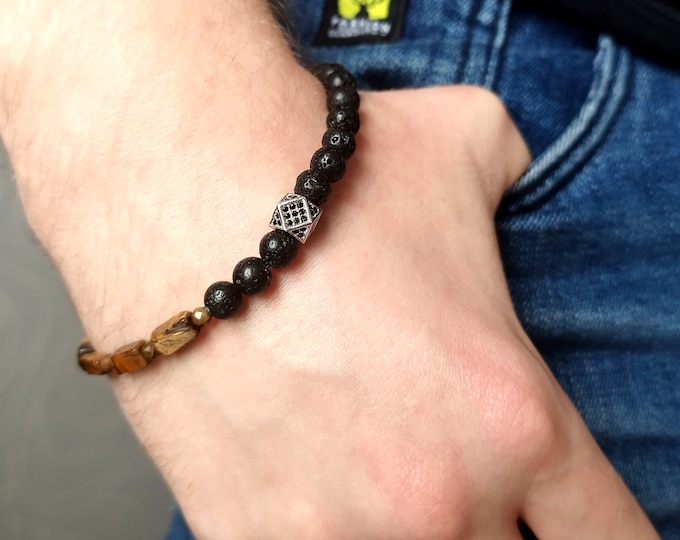 Tiger's Eye and Black Lava Bracelet, Bracelet with Black Lava, Tiger Eye mens bracelet, bracelet for men, mens bracelet, Black Lava bracelet