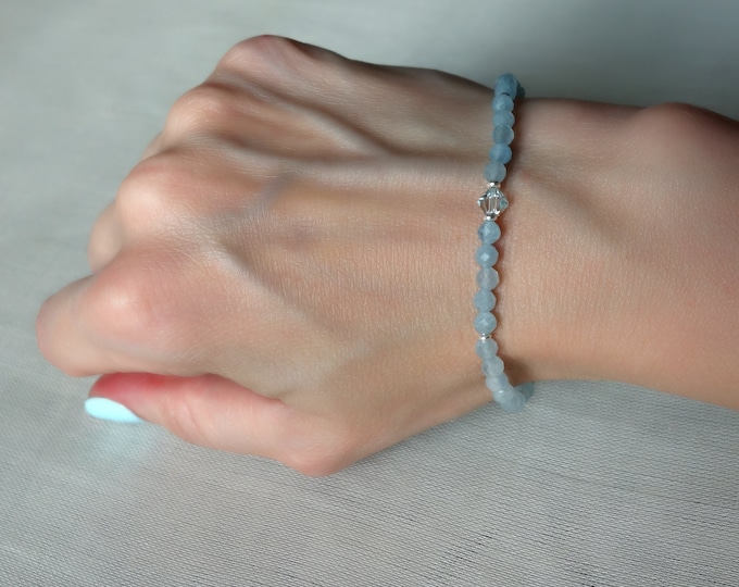 Aquamarine Bracelet with sterling silver beads, Beryl bracelet, birthstone bracelet, Blue bracelet, march bracelet, light blue bracelet