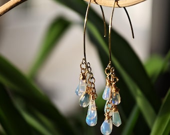 Ethiopian Opal Earrings, Handmade Gold Plated Opal Cluster Dangle Earrings, October Birthstone Gift for Her