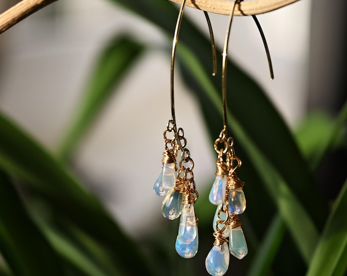Ethiopian Opal Earrings, Handmade Gold Plated Opal Cluster Dangle Earrings, October Birthstone Gift for Her