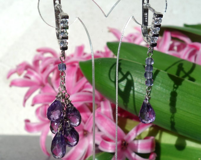 Lab Created Alexandrite and natural tanzanite earrings with sterling silver, Alexandrite earrings, tanzanite earrings, asymmetric earrings