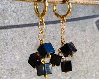 Black Agate Cube Dangle Earrings 4 cm. Black onyx earrings