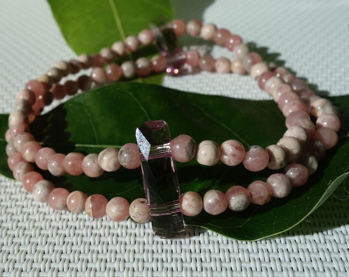 Rhodochrosite Bracelet with Swarovski, double row pink rhodochrosite bracelet, rhodochrosite jewelry, multi-row bracelet with rhodochrosite