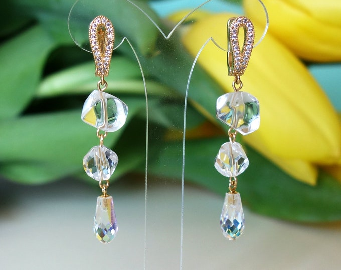 Clear quartz earrings with Swarovski, faceted quartz earrings, rock crystal earring, quartz point earrings, crystal hoop earring