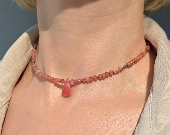 Rhodochrosite necklace with rhodochrosite pendant and sterling silver, Rhodochrosite pendant, Rhodochrosite  jewelry, Rhodochrosite choker
