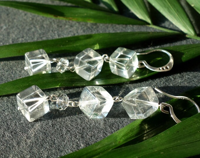 Clear quartz earrings sterling silver, Sterling silver earrings, rock crystal earring, quartz cube earrings, crystal hoop earring
