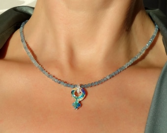 Aquamarine necklace with venus symbol pendant, Natural Aquamarine necklace with Swarovski crystal, Minimalist necklace with aquamarine