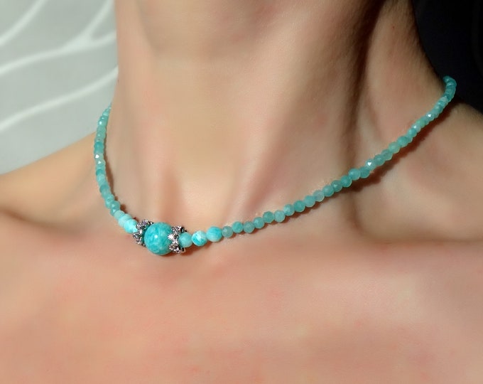 Natural amazonite necklace, genuine amazonite choker, blue stone necklace, blue choker, amazonite beads