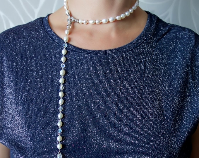 pearl necklace wedding, pearl bohemian choker, Pearl Bridal Necklace, Pearl necklace with Swarovski crystals, pearl jewelry, long necklace