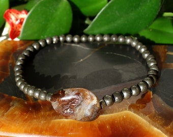 Pyrite bracelet with fire agate bead, Genuine pyrite mens bracelet, pyrite mens bracelet, natural pyrite bracelet, fire agate bracelet
