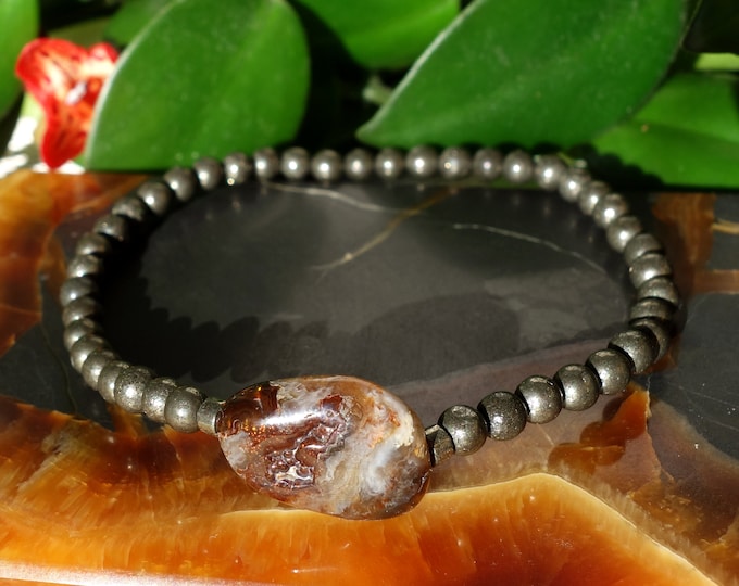 Pyrite bracelet with fire agate bead, Genuine pyrite mens bracelet, pyrite mens bracelet, natural pyrite bracelet, fire agate bracelet