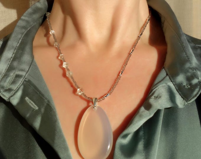 Ice Obsidian Necklace with Aquamarine and Chalcedony Pendant