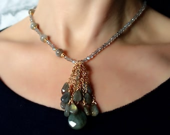 Labradorite necklace with labradorite pendant, Rainbow labradorite necklace, labradorite drop pendant, faceted labradorite necklace
