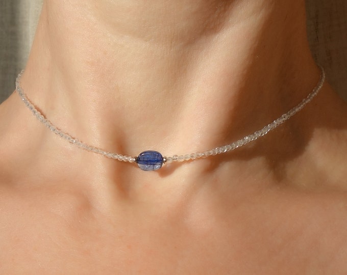Topaz Necklace with Blue Kyanite bead and sterling silver, Topaz choker, Necklace with gemstones, Kyanite choker