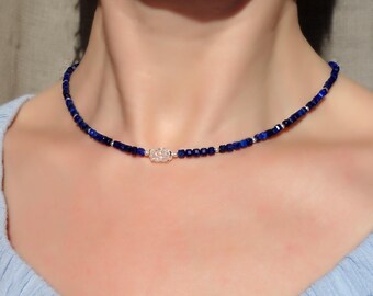 Natural Lapis lazuli necklace with Swarovski crystal and sterling silver, genuine Lapis lazuli necklace, Lapis lazuli choker