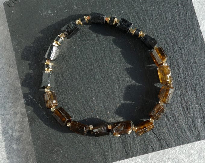 Black and Brown Tourmaline Bracelet – Schorl and Dravite, Natural Raw Crystals bracelet size 18 cm