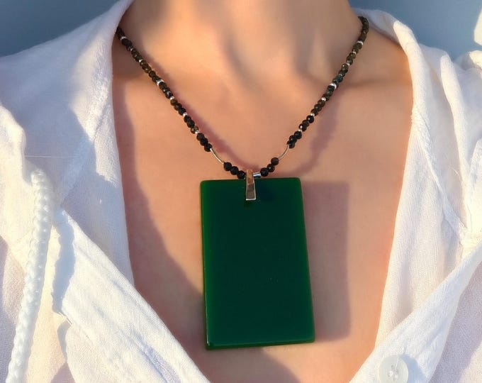 Jade Pendant with Green Tourmaline Necklace, Nephrite jewelry